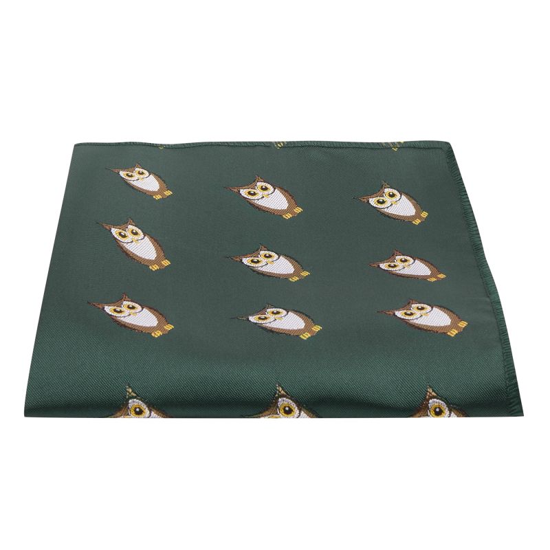King & Priory Dark Green Owl Embroidered Pocket Square