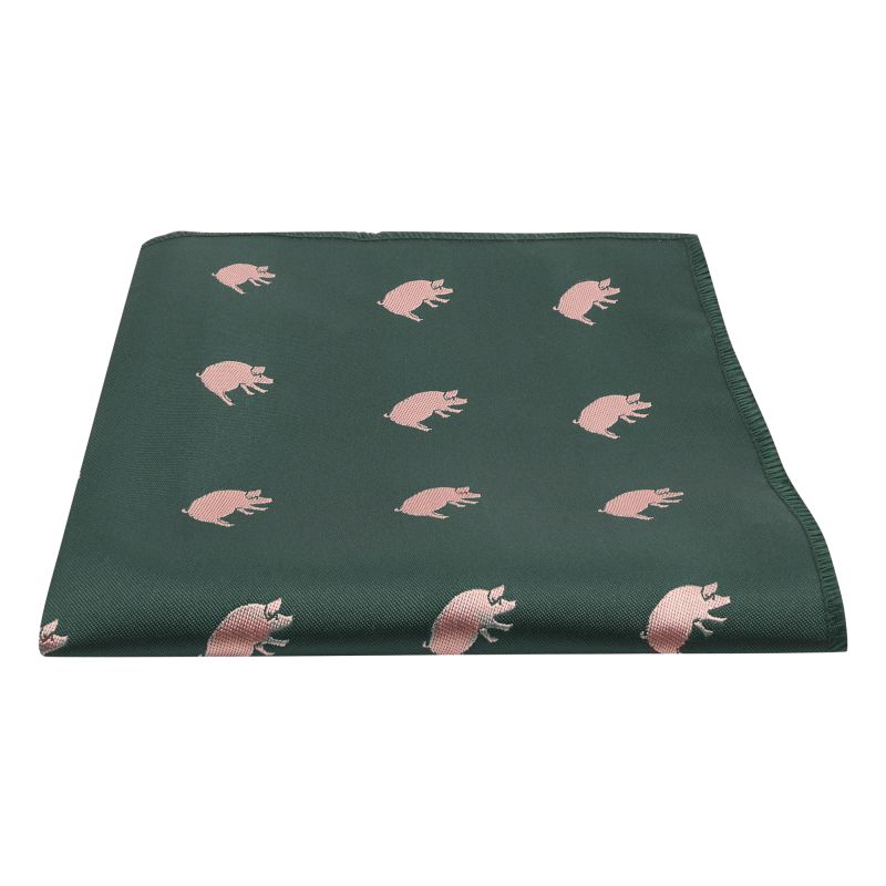 King & Priory Dark Green Pig Embroidered Pocket Square