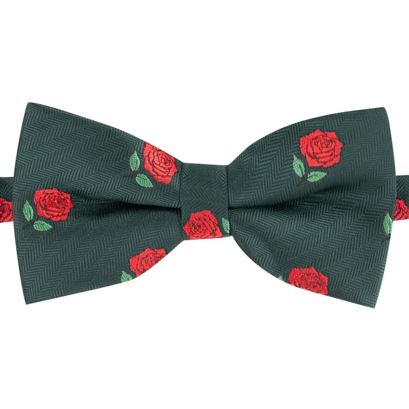 King & Priory Dark Green Red Rose Herringbone Bow Tie