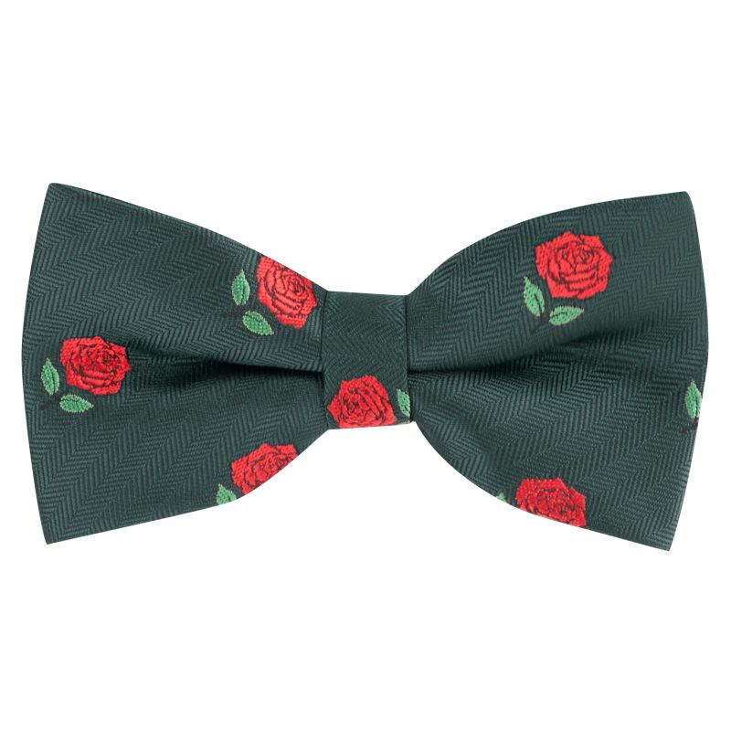 king & priory Dark Green Red Rose Herringbone Bow Tie
