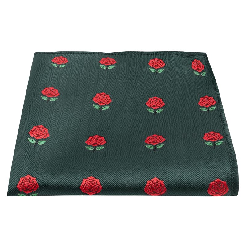 King & Priory Dark Green Red Rose Herringbone Pocket Square