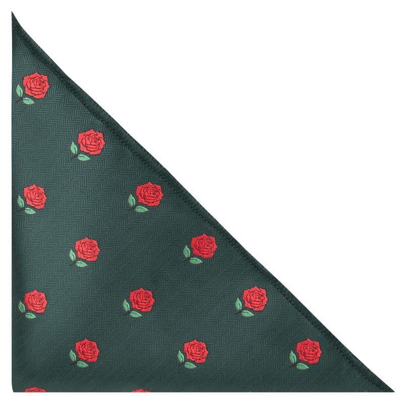 king & priory Dark Green Red Rose Herringbone Pocket Square