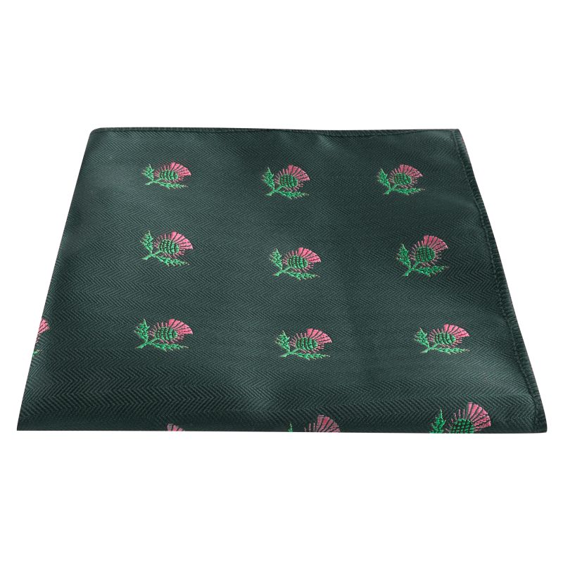 King & Priory Dark Green Scottish Thistle Herringbone Pocket Square