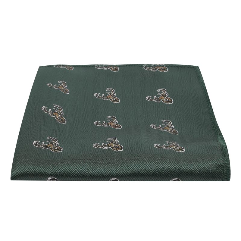 king & priory Dark Green Stag Head Herringbone Pocket Square