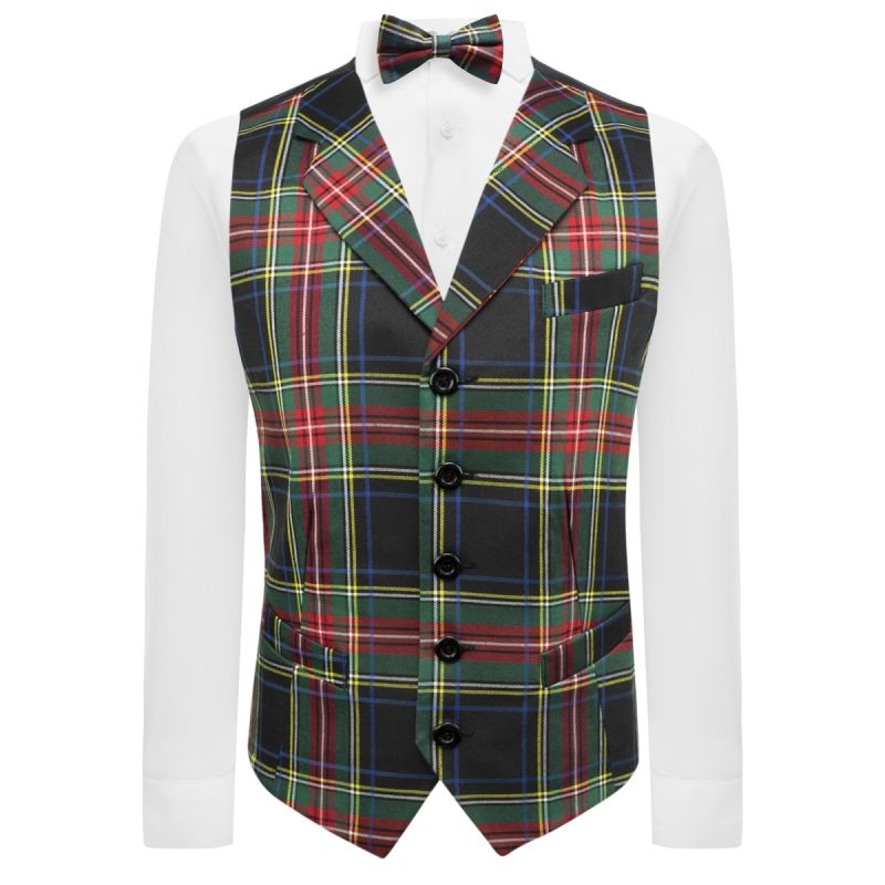 King & Priory Dark Green Tartan Check Waistcoat With Lapel