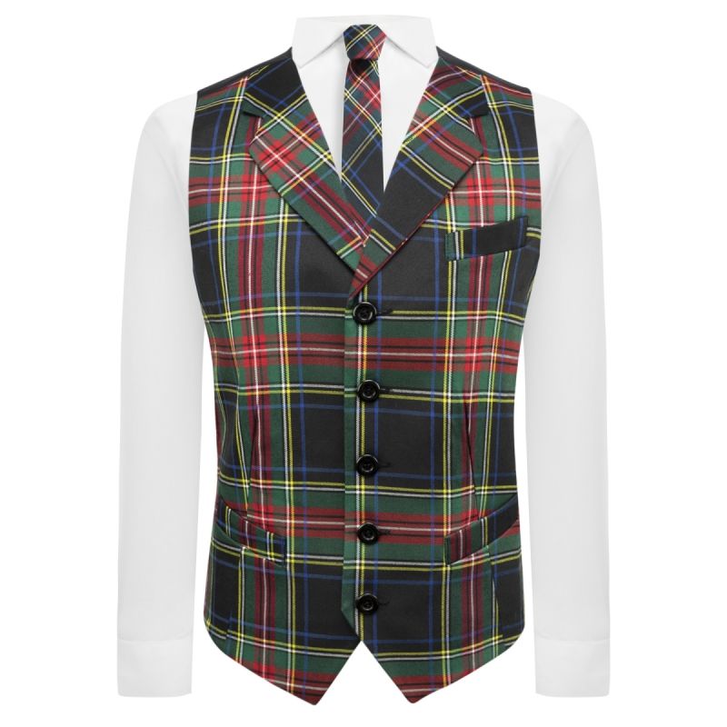 King & Priory Dark Green Tartan Check Waistcoat With Lapel