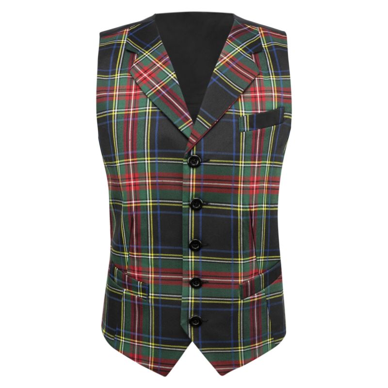 King & Priory Dark Green Tartan Check Waistcoat With Lapel