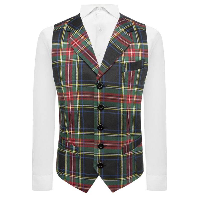 king & priory Dark Green Tartan Check Waistcoat with Lapel