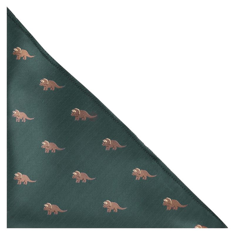 King & Priory Dark Green Triceratops Herringbone Pocket Square