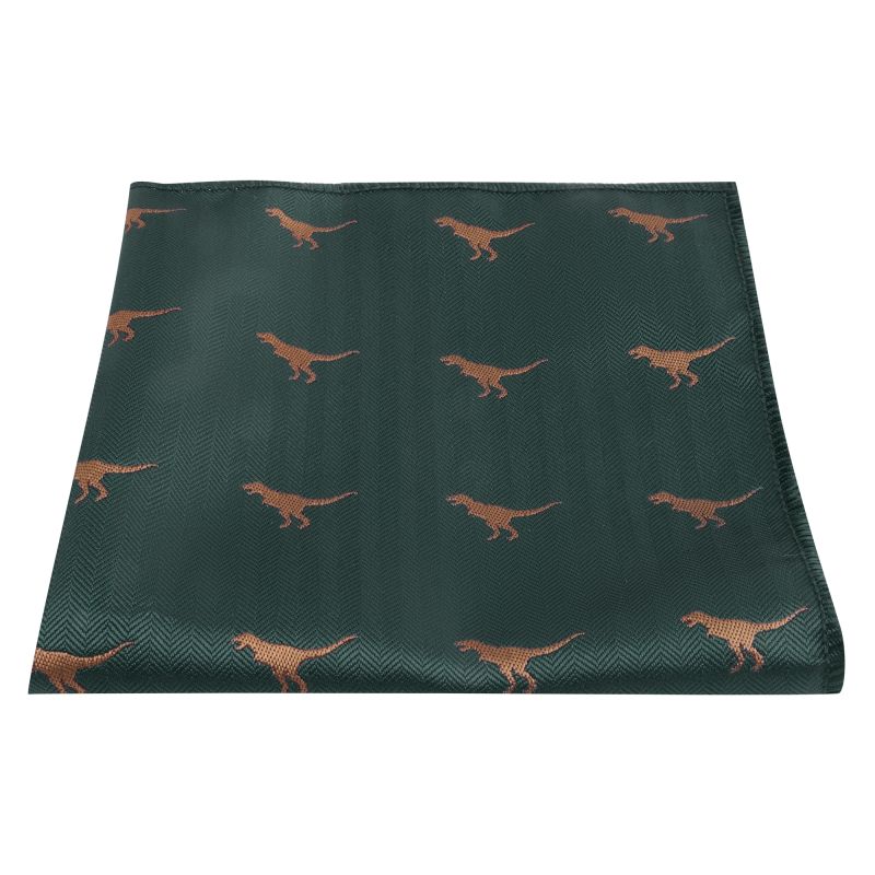 King & Priory Dark Green Tyrannosaurus Rex / T-Rex Herringbone Pocket Square