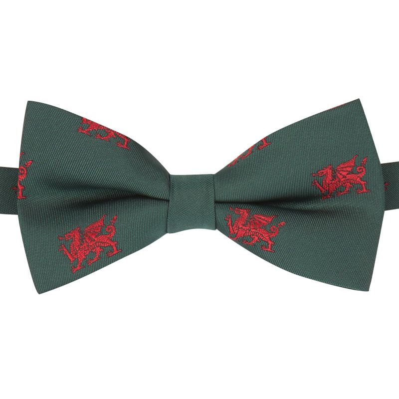 King & Priory Dark Green Welsh Dragon Embroidered Bow Tie