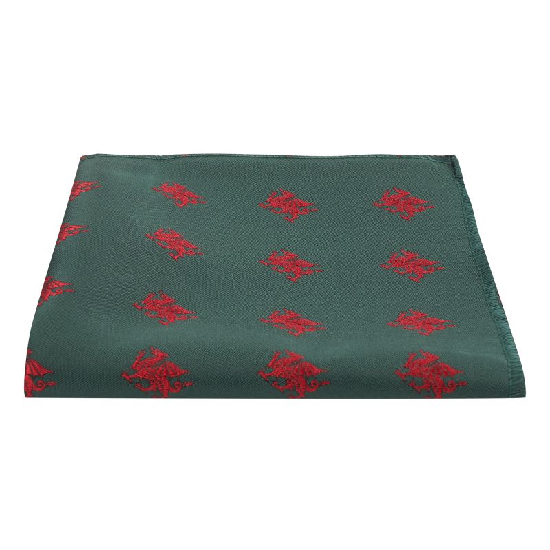 King & Priory Dark Green Welsh Dragon Embroidered Pocket Square
