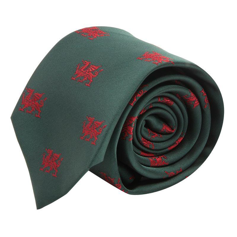 King & Priory Dark Green Welsh Dragon Embroidered Tie