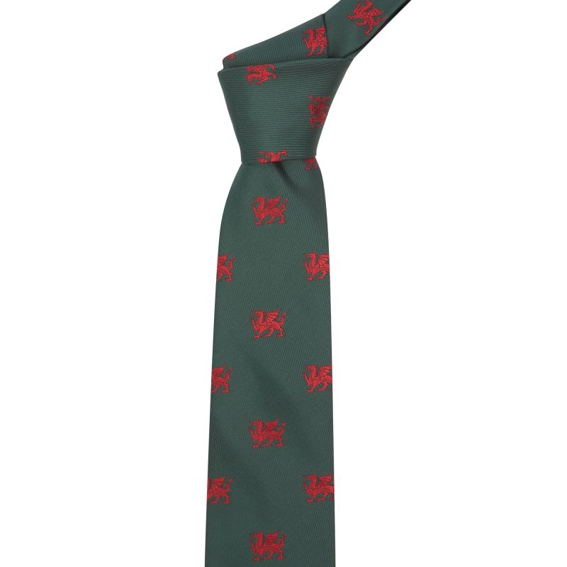 king & priory Dark Green Welsh Dragon Embroidered Tie