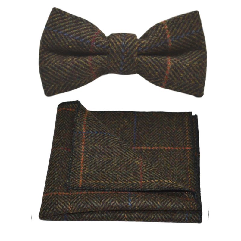 King & Priory Dark Olive Green Herringbone Check Bow Tie & Pocket Square Set