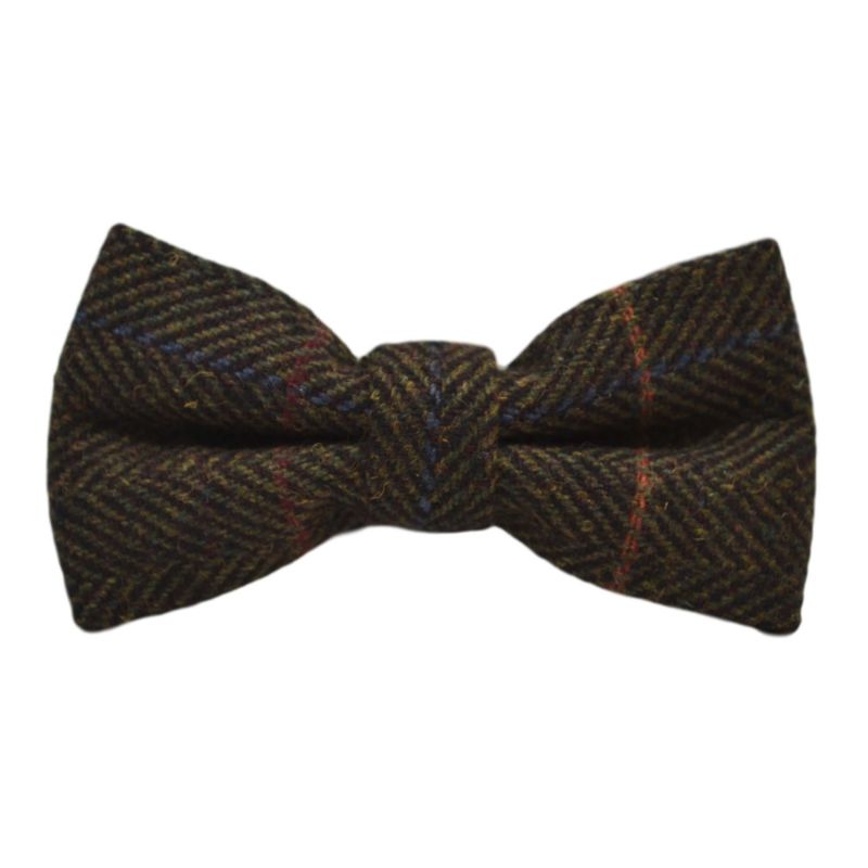king & priory Dark Olive Green Herringbone Check Bow Tie & Pocket Square Set