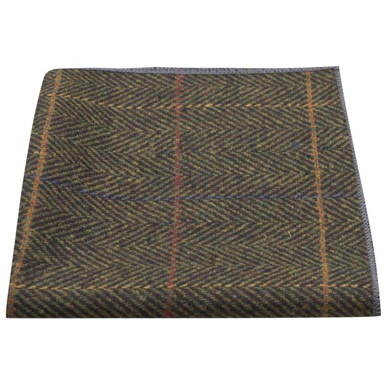 king & priory Dark Olive Green Herringbone Check Pocket Square
