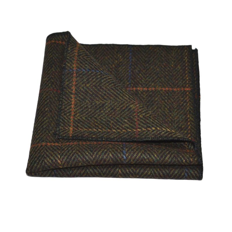 King & Priory Dark Olive Green Herringbone Check Tie & Pocket Square Set