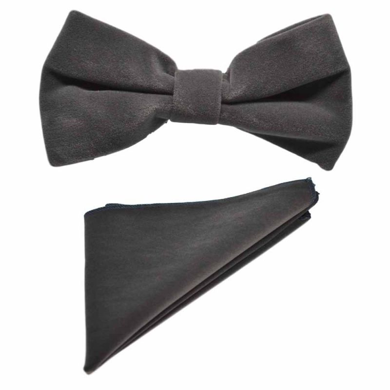 king & priory Dark Silver Grey Velvet Bow Tie & Pocket Square Set