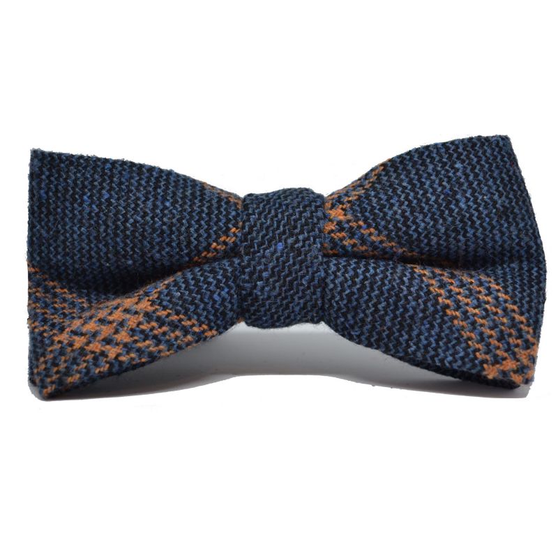 King & Priory Denim Blue & Orange Birdseye Check Bow Tie & Pocket Square Set