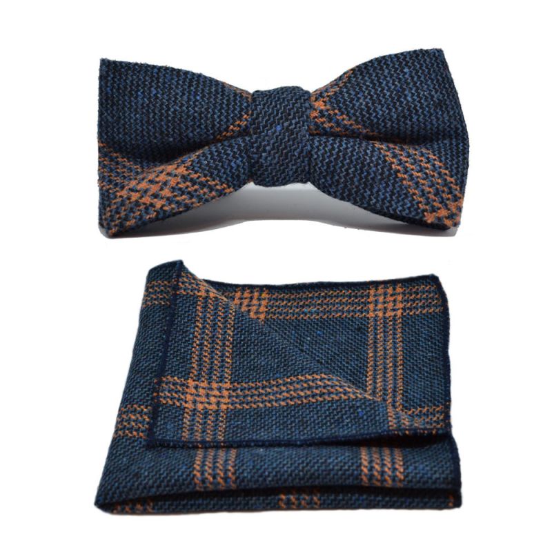 king & priory Denim Blue & Orange Birdseye Check Bow Tie & Pocket Square Set