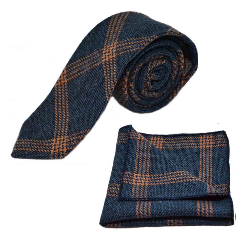 king & priory Denim Blue & Orange Birdseye Check Tie & Pocket Square Set