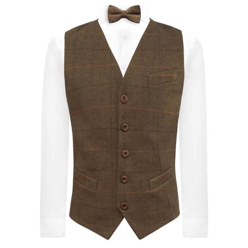 King & Priory Dijon Brown Herringbone Check Waistcoat