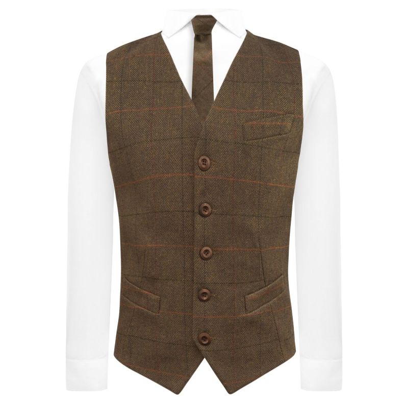 King & Priory Dijon Brown Herringbone Check Waistcoat