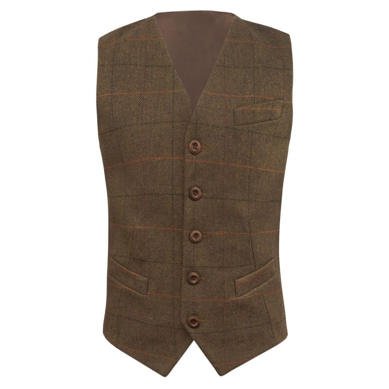 King & Priory Dijon Brown Herringbone Check Waistcoat