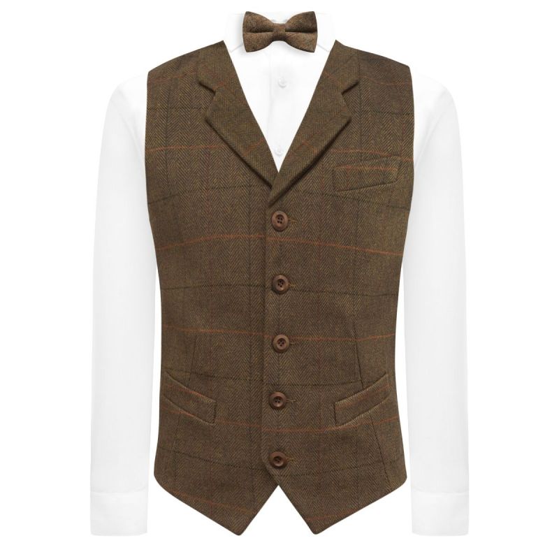 King & Priory Dijon Brown Herringbone Check Waistcoat With Lapel