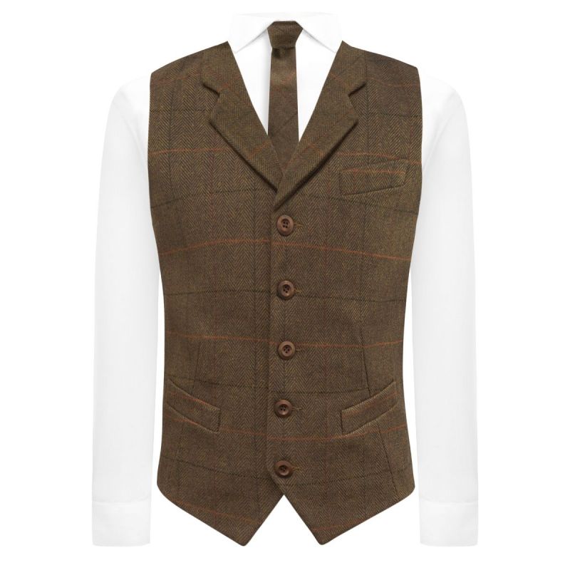 King & Priory Dijon Brown Herringbone Check Waistcoat With Lapel