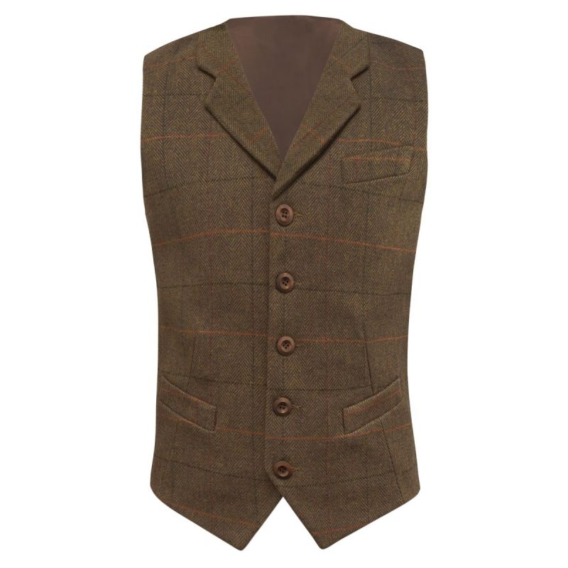 King & Priory Dijon Brown Herringbone Check Waistcoat With Lapel