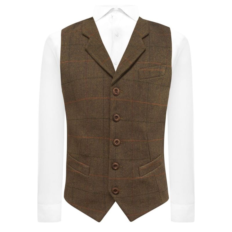 king & priory Dijon Brown Herringbone Check Waistcoat with Lapel