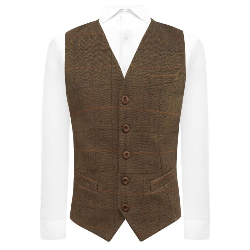 king & priory Dijon Brown Herringbone Check Waistcoat