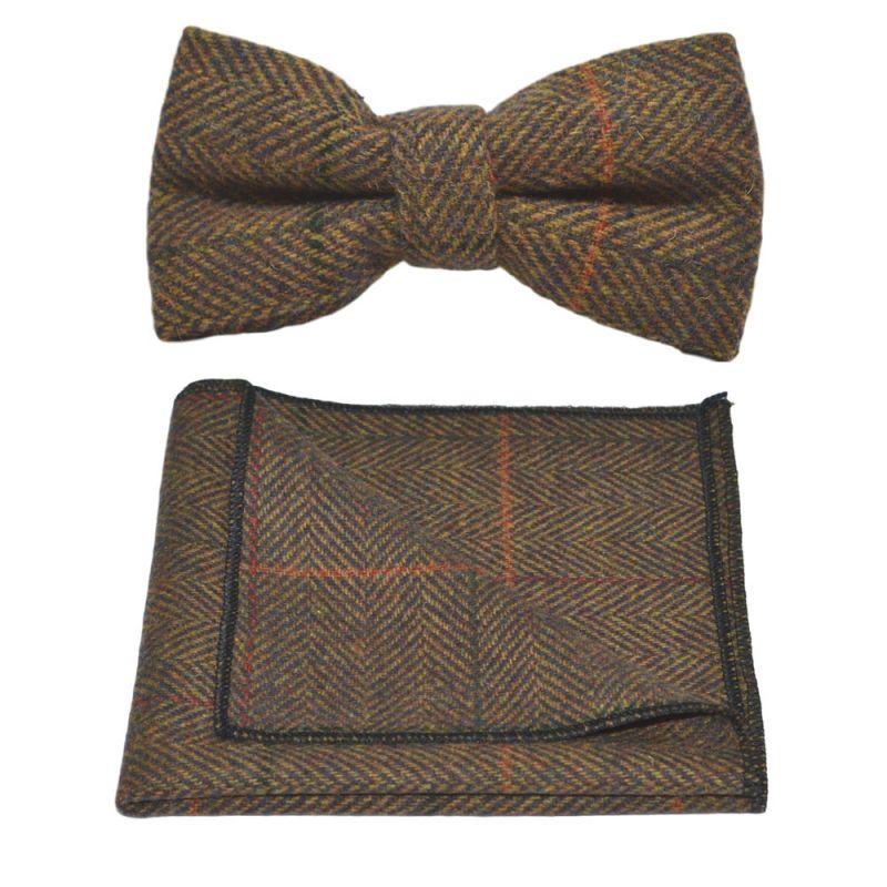 King & Priory Dijon Herringbone Check Bow Tie & Pocket Square Set