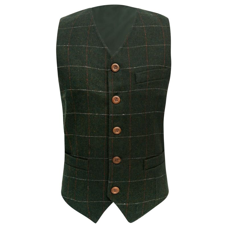 King & Priory Forest Green Herringbone Check Waistcoat