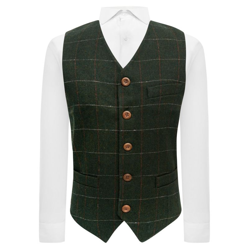 king & priory Forest Green Herringbone Check Waistcoat