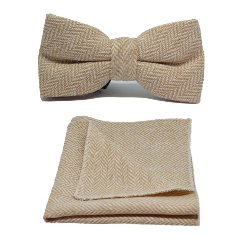 king & priory Gold & Cream Herringbone Bow Tie & Pocket Square Set