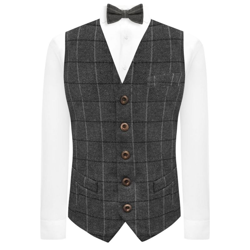 King & Priory Graphite Grey Herringbone Check Waistcoat