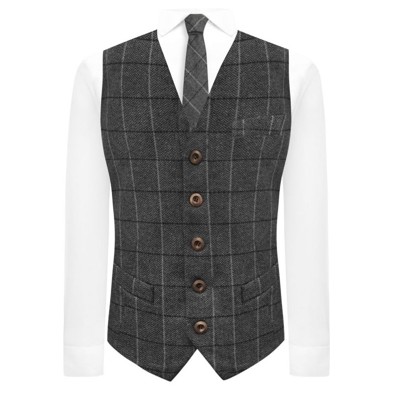 King & Priory Graphite Grey Herringbone Check Waistcoat