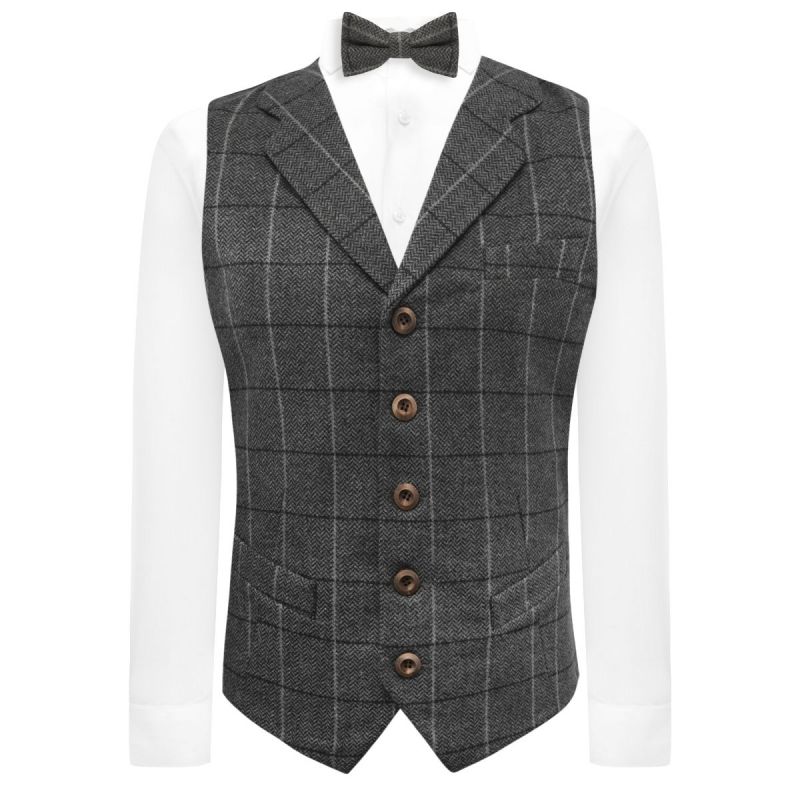 King & Priory Graphite Grey Herringbone Check Waistcoat With Lapel