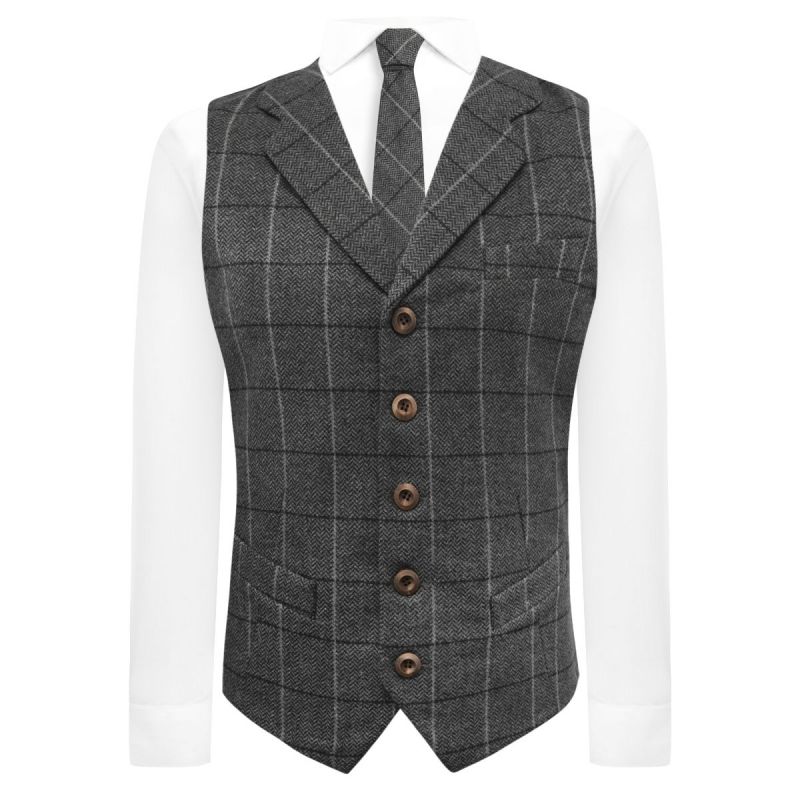 King & Priory Graphite Grey Herringbone Check Waistcoat With Lapel