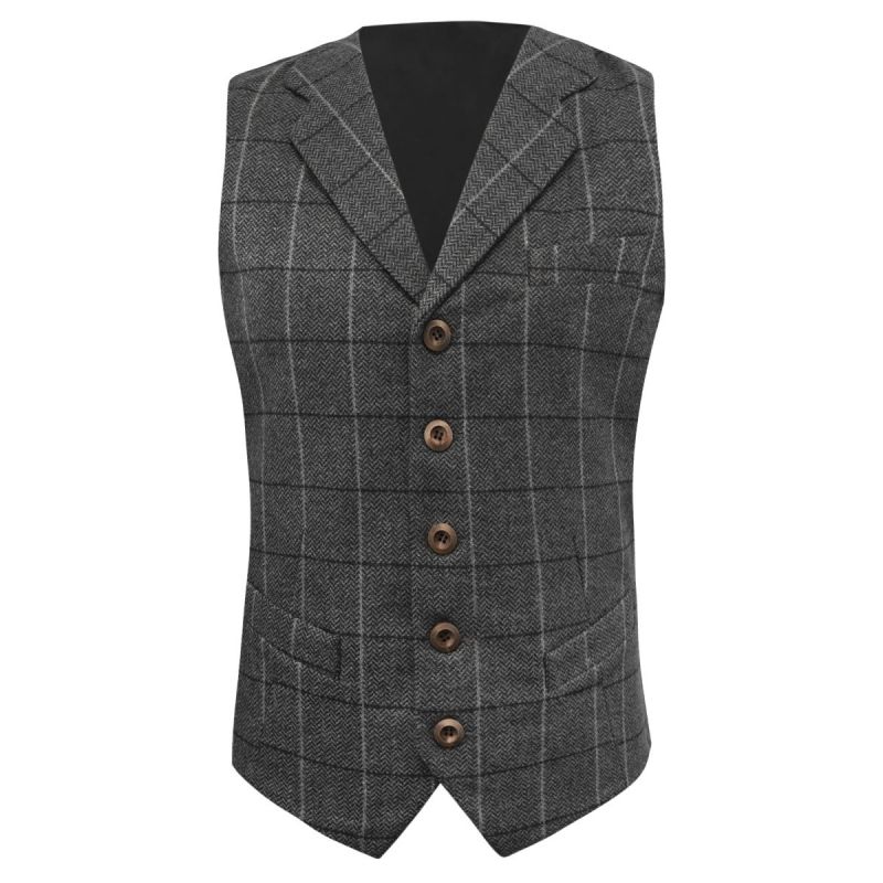 King & Priory Graphite Grey Herringbone Check Waistcoat With Lapel