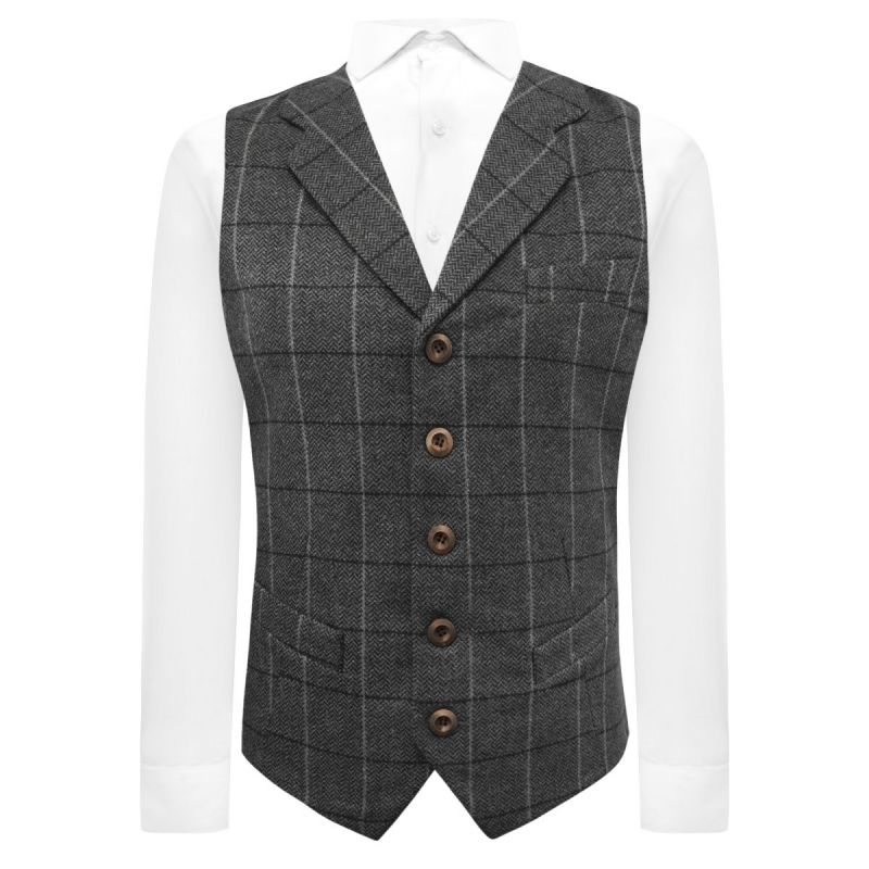 king & priory Graphite Grey Herringbone Check Waistcoat with Lapel