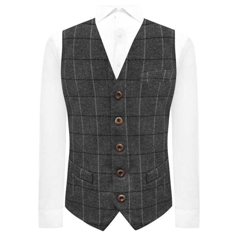 king & priory Graphite Grey Herringbone Check Waistcoat
