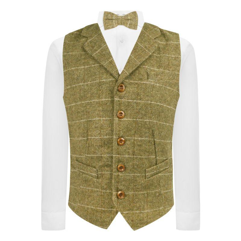 King & Priory Green Herringbone Windowpane Check Waistcoat With Lapel