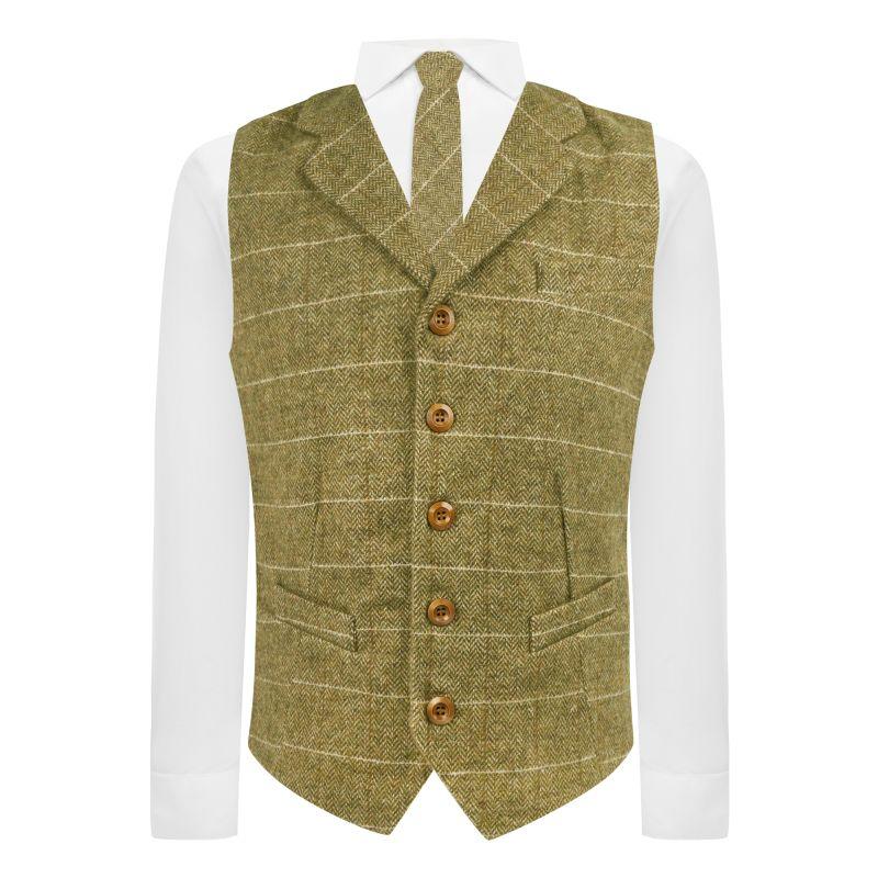 King & Priory Green Herringbone Windowpane Check Waistcoat With Lapel