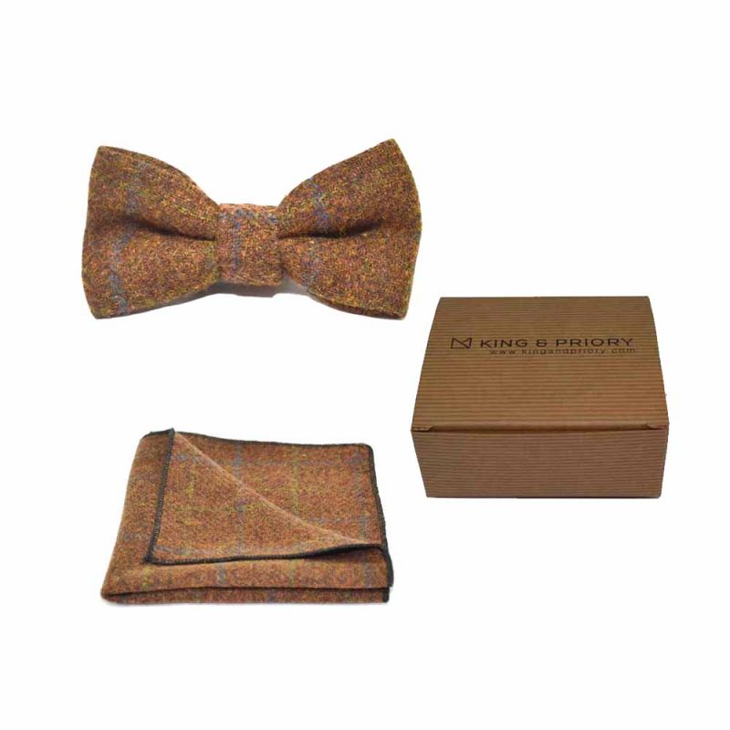 king & priory Heritage Check Cedar Brown Bow Tie & Pocket Square Set Boxed