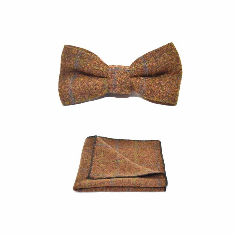king & priory Heritage Check Cedar Brown Bow Tie & Pocket Square Set
