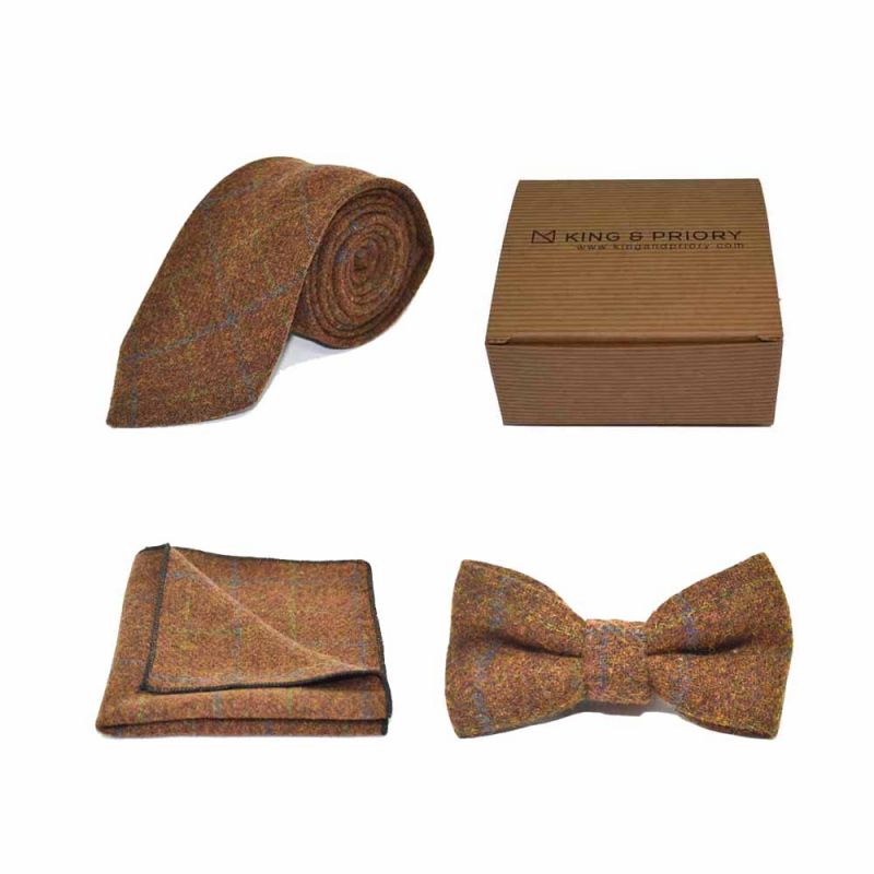 king & priory Heritage Check Cedar Brown Bow Tie Tie & Pocket Square Set Boxed